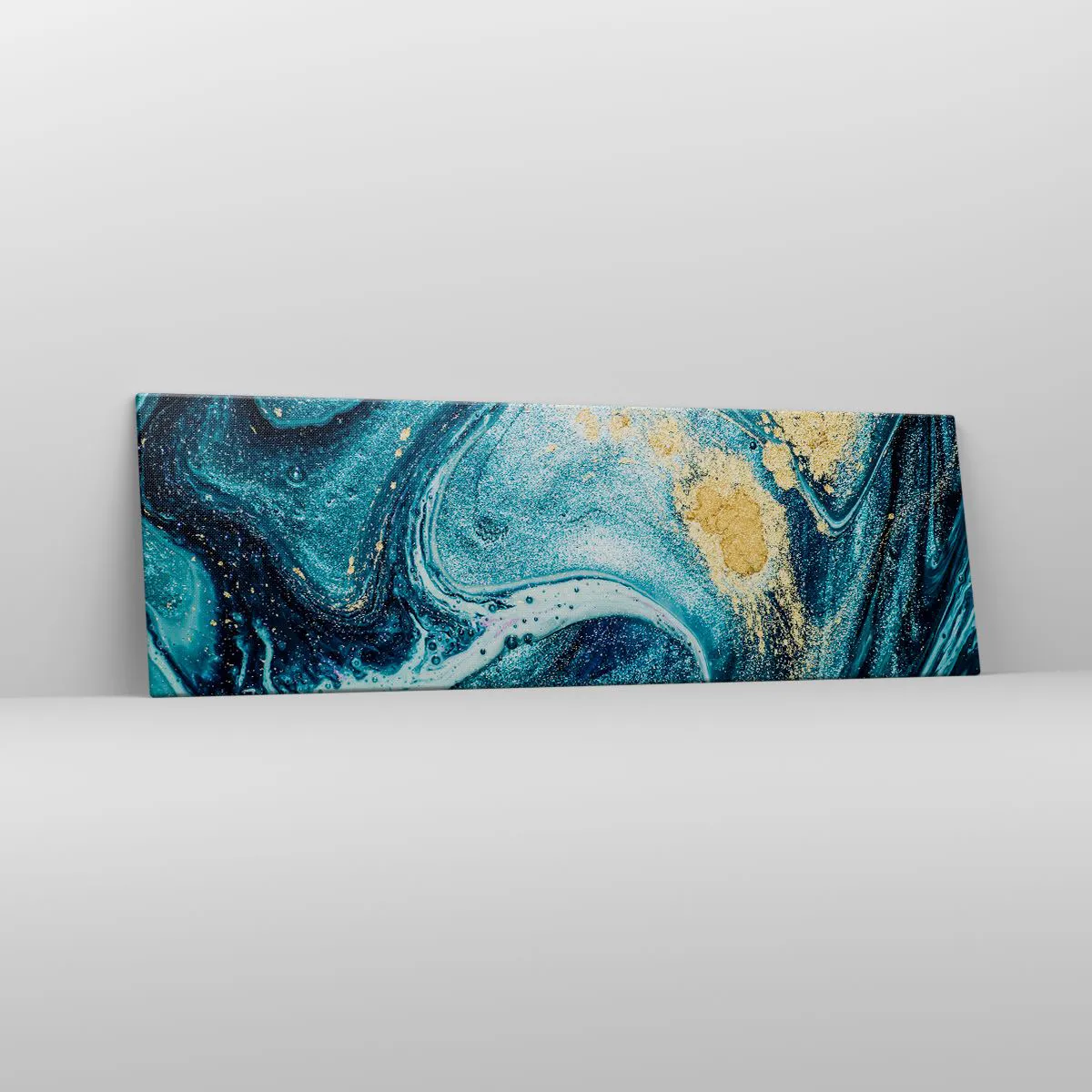 Bild auf Leinwand - Leinwandbild - Eine abstrakte Komposition aus Wellen und goldenen Akzenten - 160x50cm - Blauer Wirbel - Moderne Wanddekoration für Wohnzimmer und Schlafzimmer ARTTOR