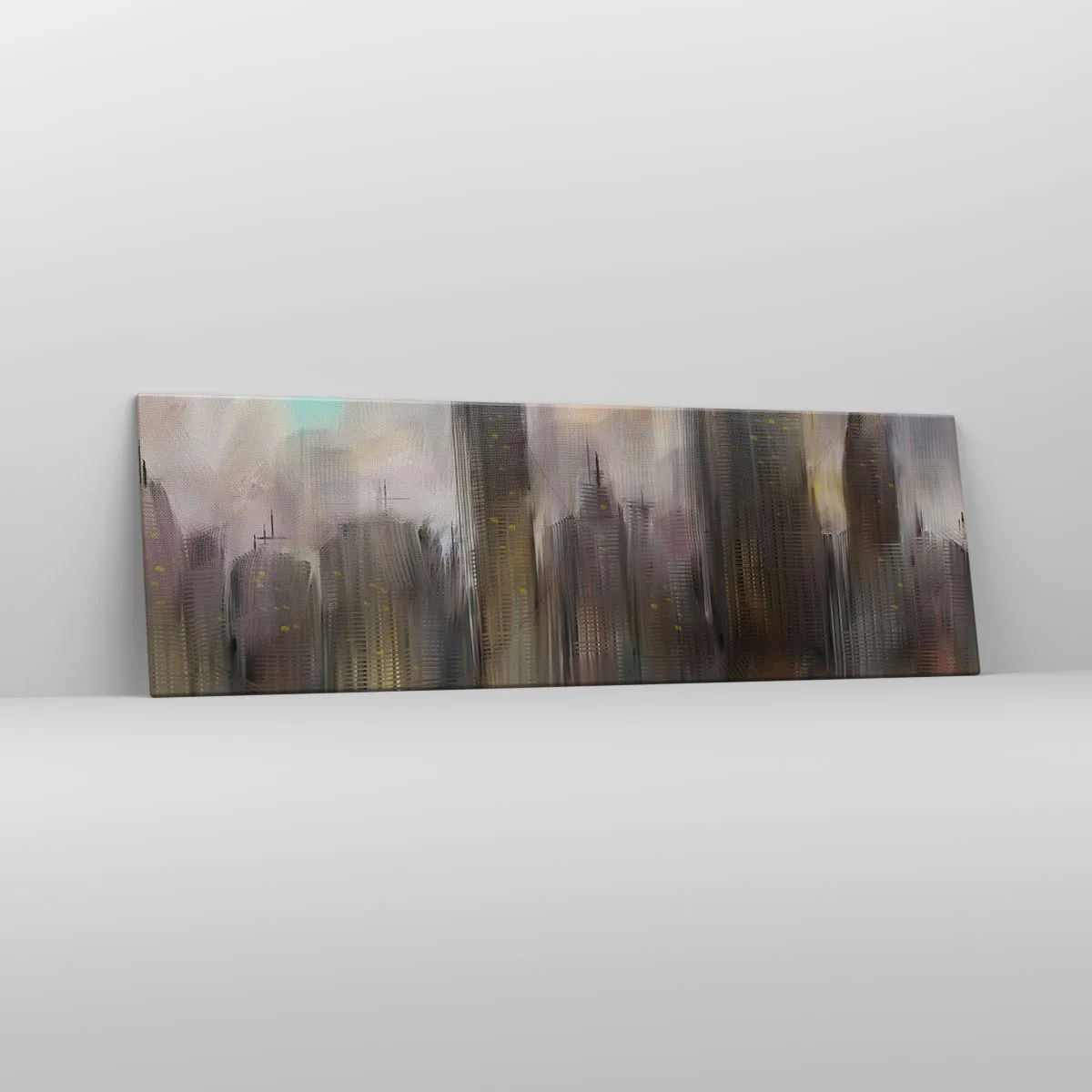 Bild auf Leinwand - Leinwandbild - Eine künstlerische Vision einer Stadtlandschaft mit Wolkenkratzern in Pastellfarben. - 160x50cm - Eine Komposition aus Stahl, Stein und Nebel - Moderne Wanddekoration für Wohnzimmer und Schlafzimmer ARTTOR