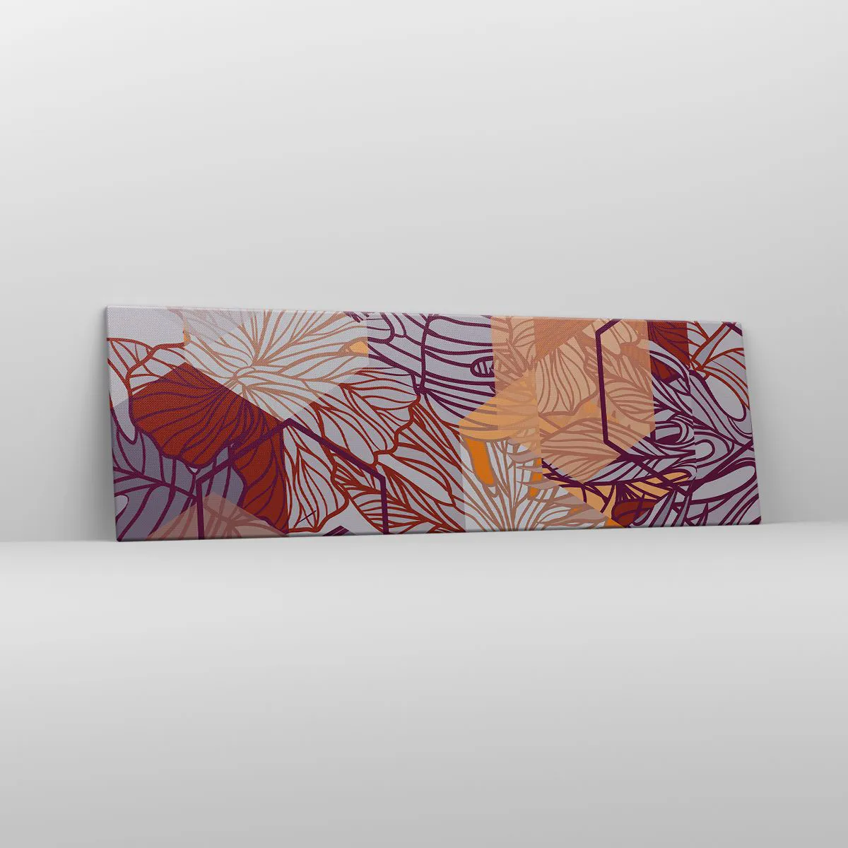 Quadro su tela - Stampe su Tela - Un motivo decorativo a foglie tropicali nelle tonalità del viola, dell'arancione e del beige. - 160x50cm - Legame impossibile di geometria e natura - Decorazione murale moderna per soggiorno e camera da letto ARTTOR