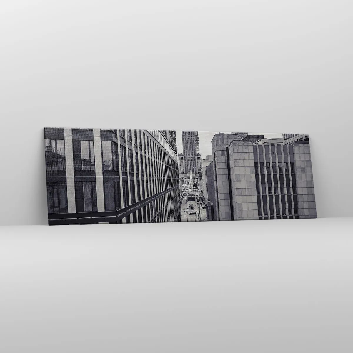 Obraz na płótnie - Panorama Warszawy z widokiem na Pałac Kultury i otaczające budynki - 160x50cm - Warszawska dolina - Nowoczesna dekoracja ścienna do salonu i sypialni ARTTOR