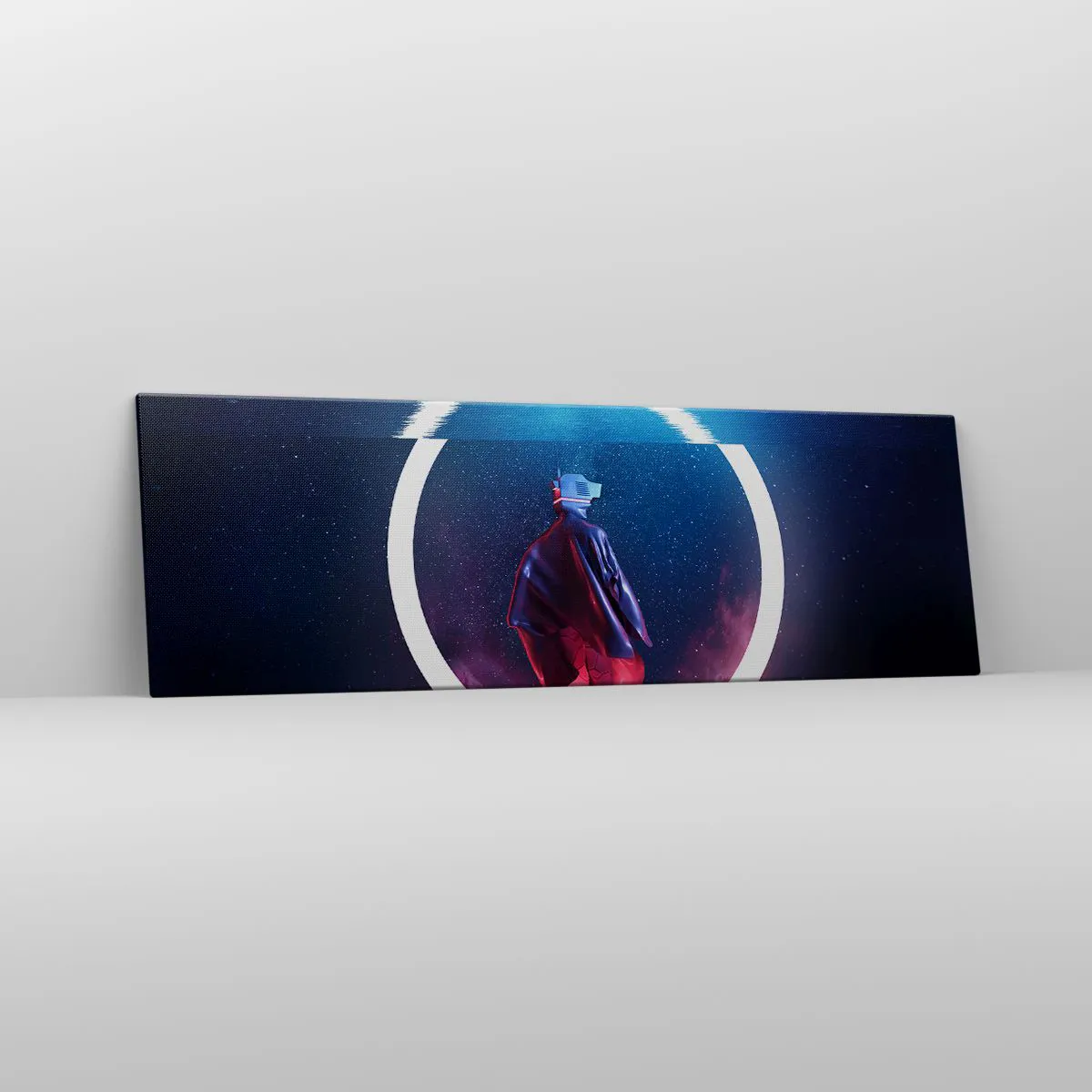 Impression sur toile - Image sur toile - Un personnage dans un environnement futuriste avec un cercle de néon - 160x50cm - Entre deux mondes - Décoration murale moderne pour le salon et la chambre ARTTOR