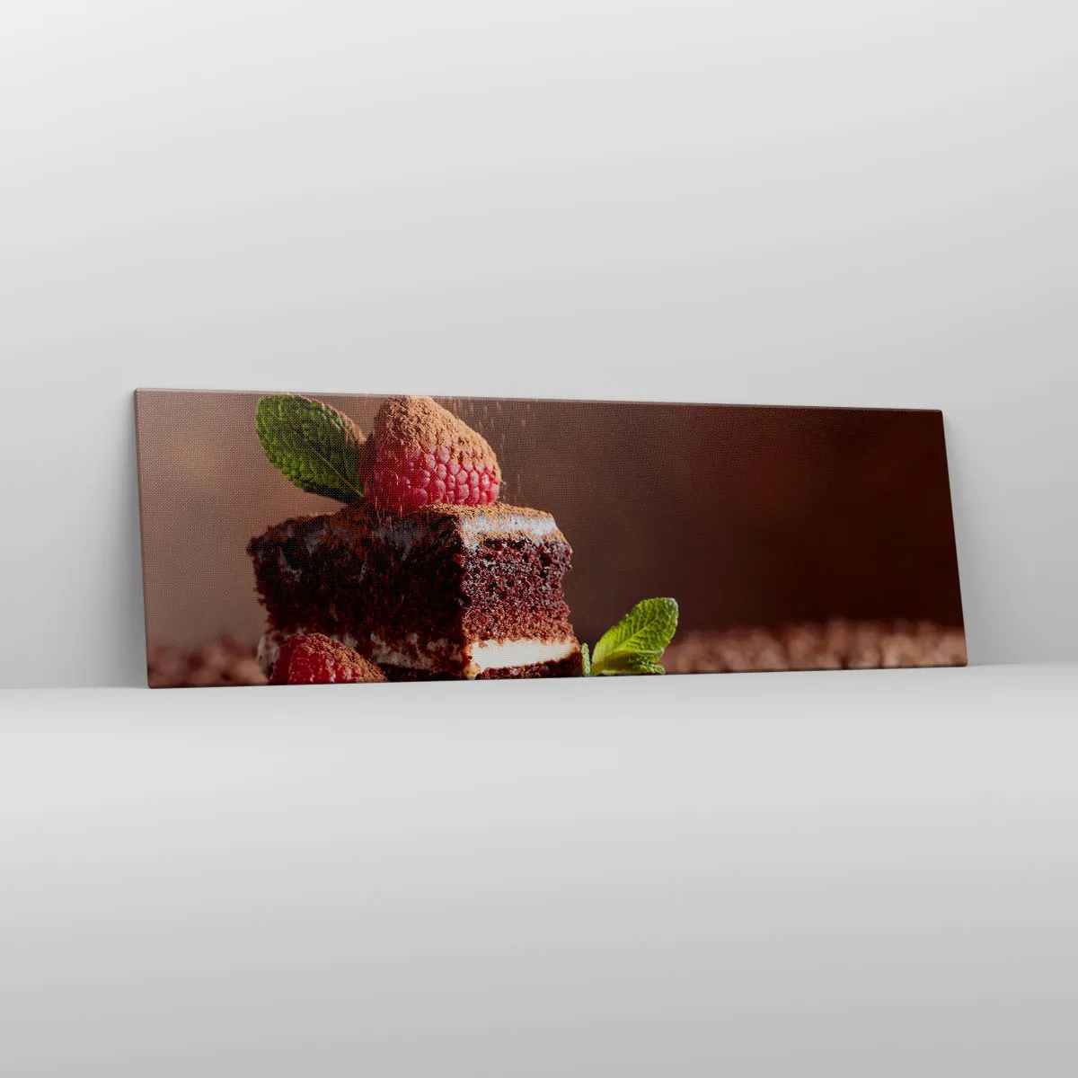 Obraz na płótnie - Czekoladowe ciasto z malinami i miętą na tle ziaren kakao - 160x50cm - Życie jest słodkie - Nowoczesna dekoracja ścienna do salonu i sypialni ARTTOR