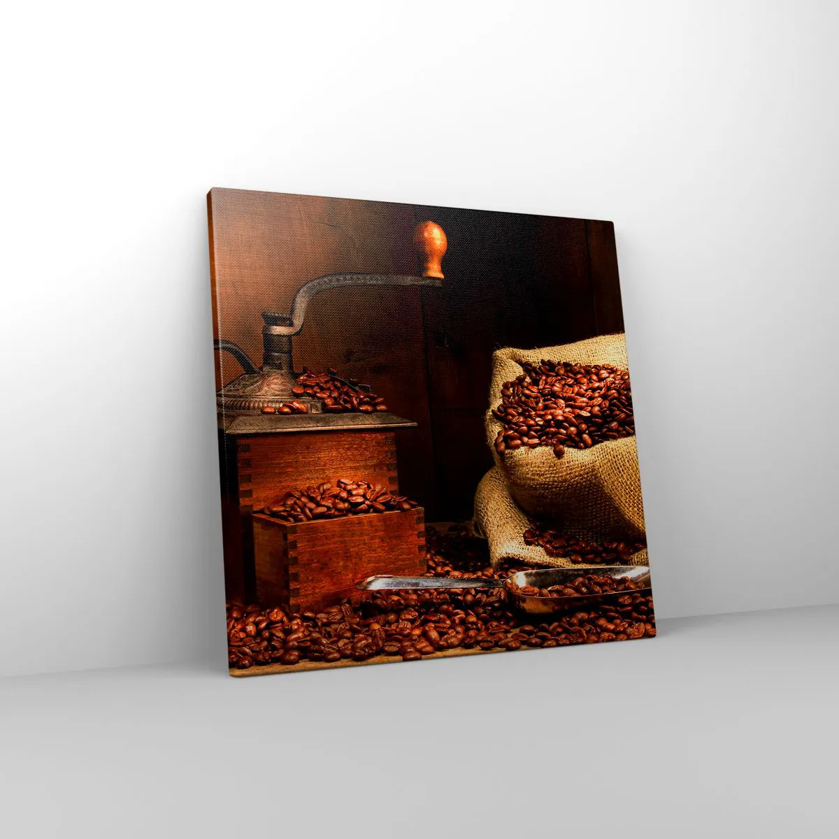 Quadro em tela - Natureza morta com grãos de café e moedor - 40x40 cm