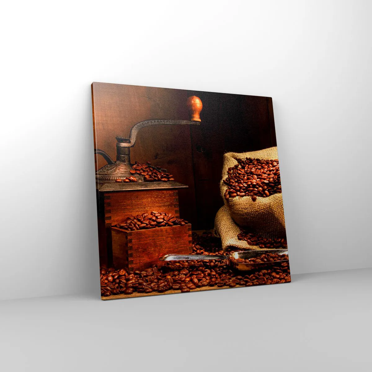 Quadro em tela - Natureza morta com grãos de café e moedor - 50x50 cm