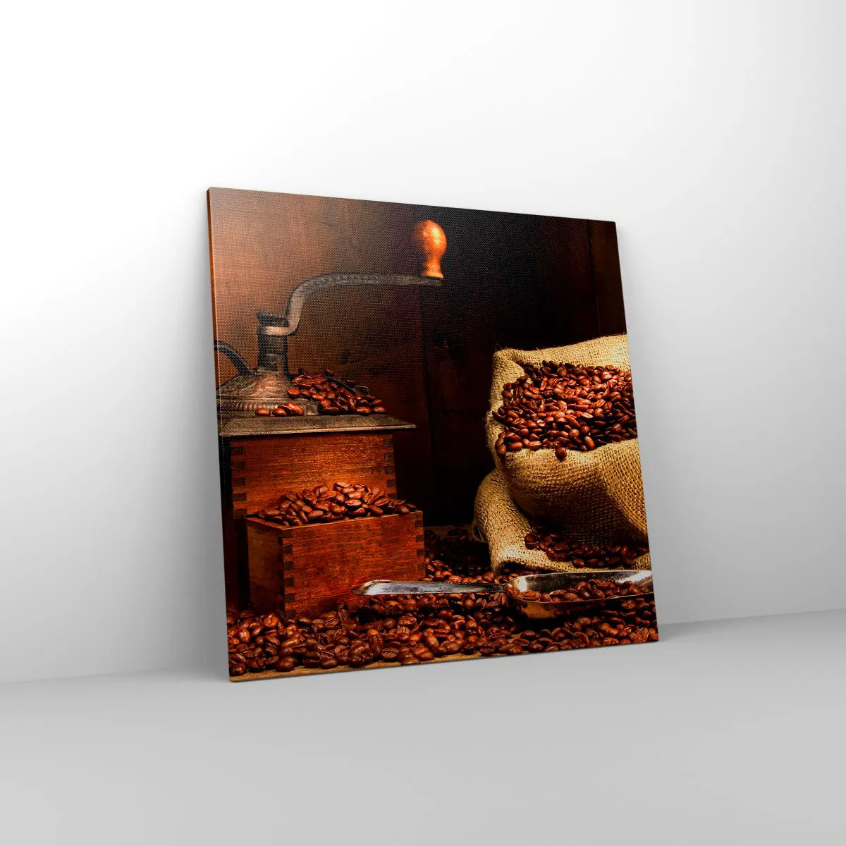 Quadro em tela - Natureza morta com grãos de café e moedor - 70x70 cm