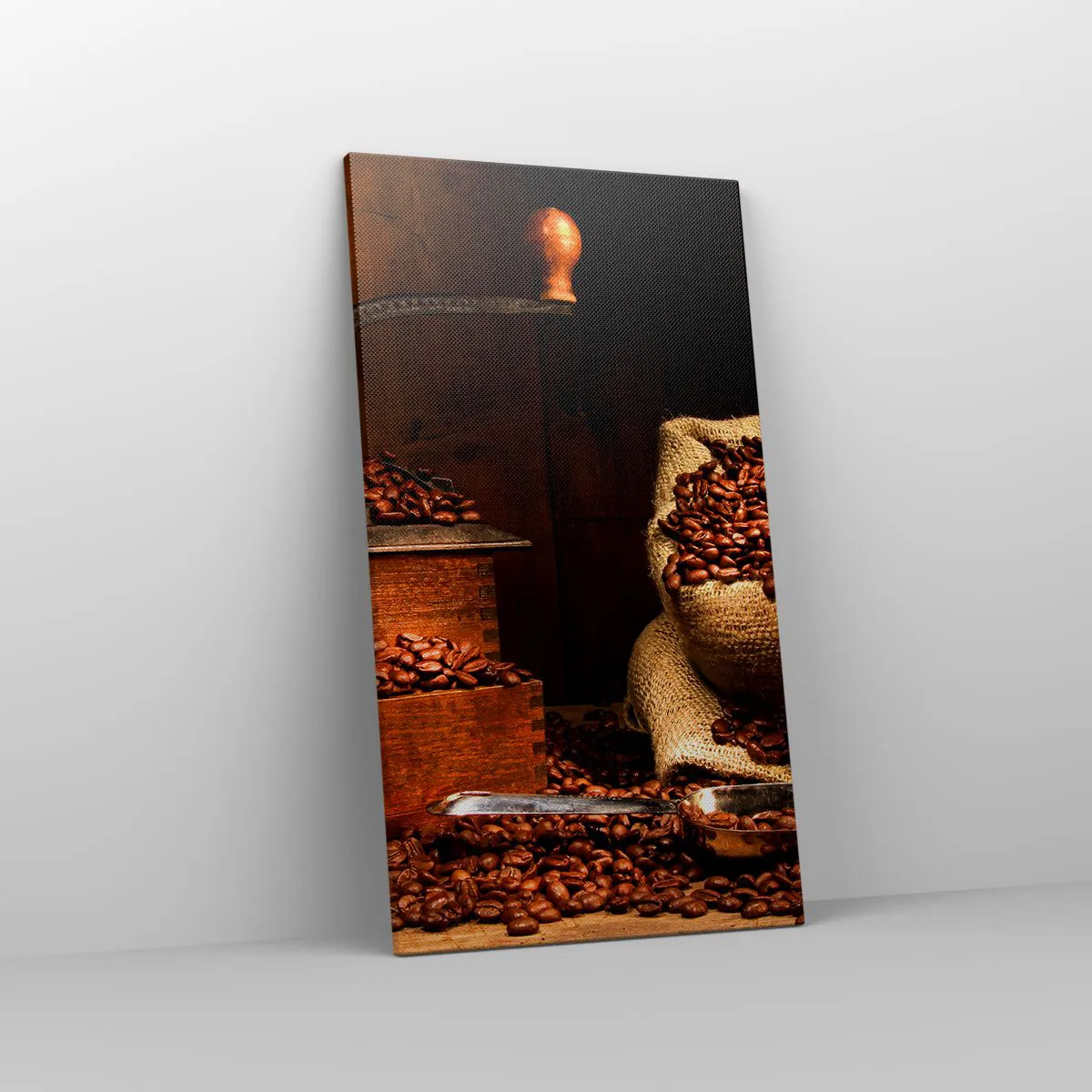 Quadro em tela - Natureza morta com grãos de café e moedor - 45x80 cm