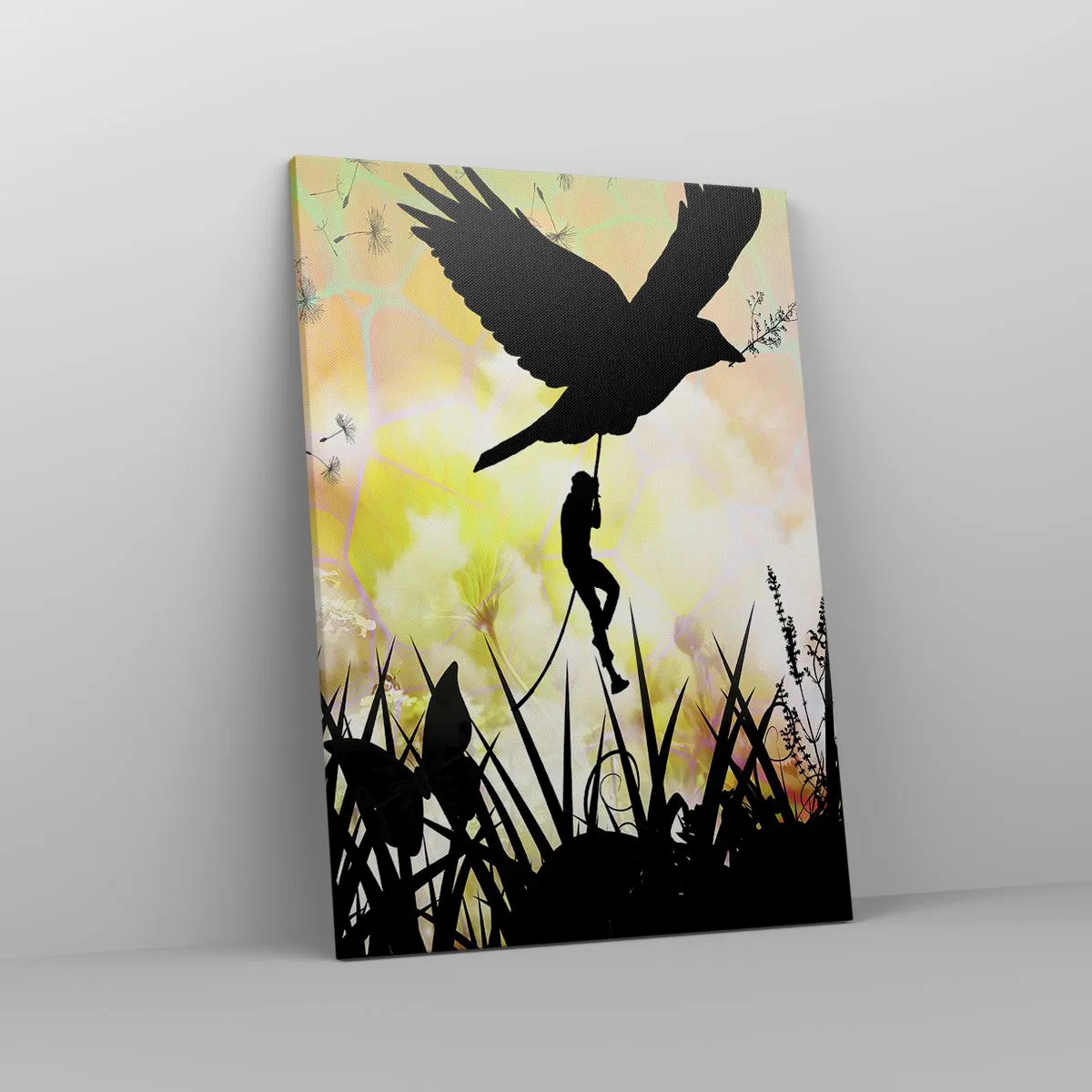 Cuadro sobre lienzo - Impresión de Imagen - Silueta de naturaleza con un pájaro y un diente de león. - 50x70cm - En un ambiente de cuento de hadas - Decoración de pared moderna para salón y dormitorio ARTTOR