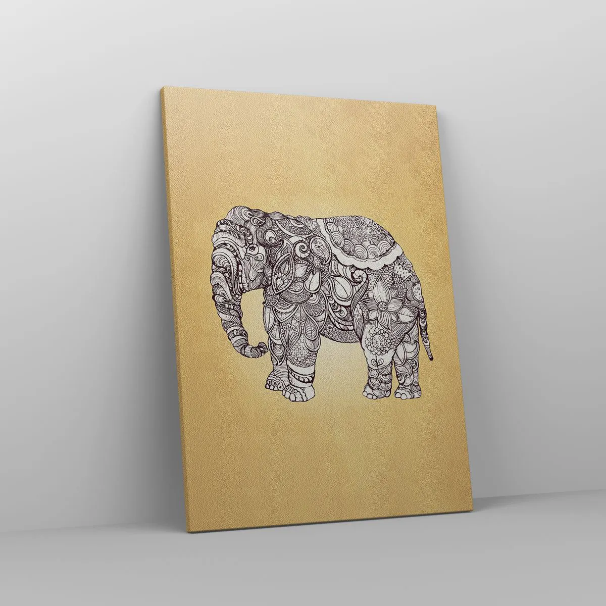 Cuadro sobre lienzo - Impresión de Imagen - Elefante dibujado a mano con un patrón ornamentado sobre un fondo beige. - 50x70cm - El elefante decorado - Decoración de pared moderna para salón y dormitorio ARTTOR