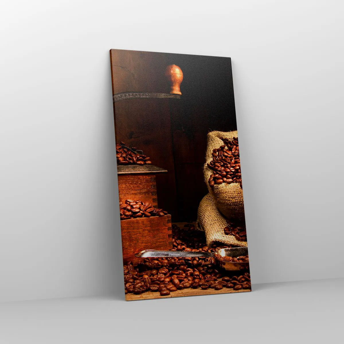 Quadro em tela - Natureza morta com grãos de café e moedor - 55x100 cm