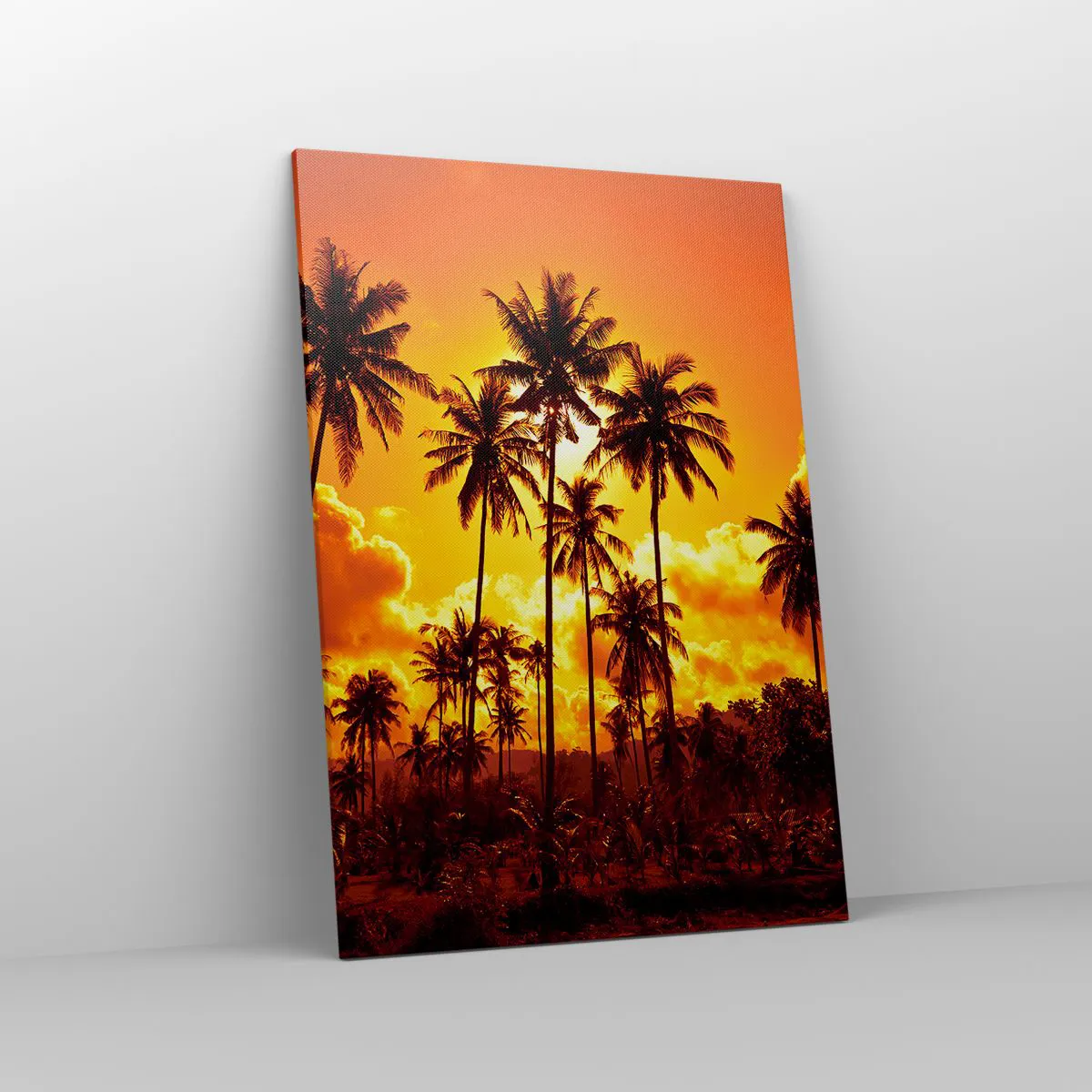 Cuadro sobre lienzo - Impresión de Imagen - Palmeras contra un cielo dorado durante una puesta de sol tropical - 70x100cm - Las montañas arden, los bosques arden - Decoración de pared moderna para salón y dormitorio ARTTOR