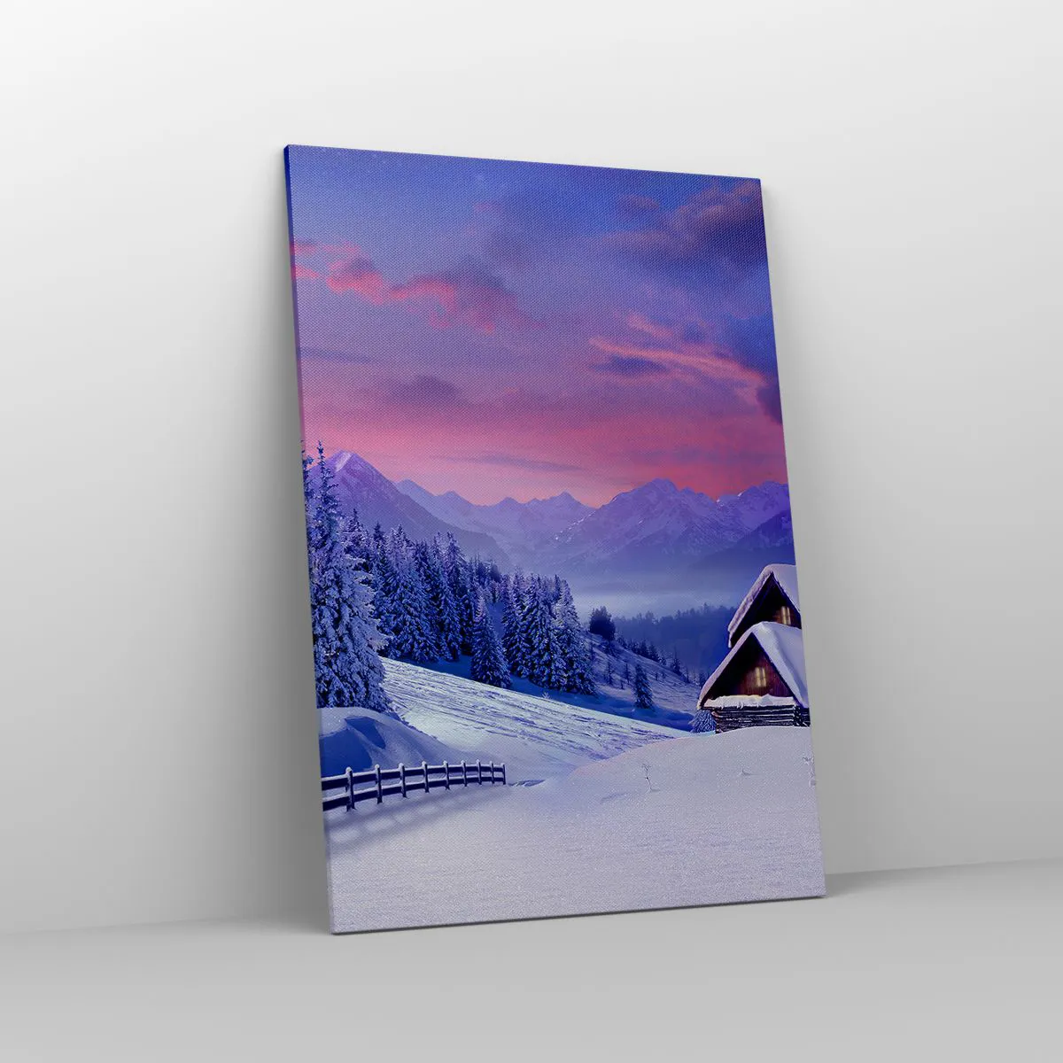Impression sur toile - Image sur toile - Paysage d'hiver avec chalets de montagne au coucher du soleil - 70x100cm - Douce nuit - Décoration murale moderne pour le salon et la chambre ARTTOR