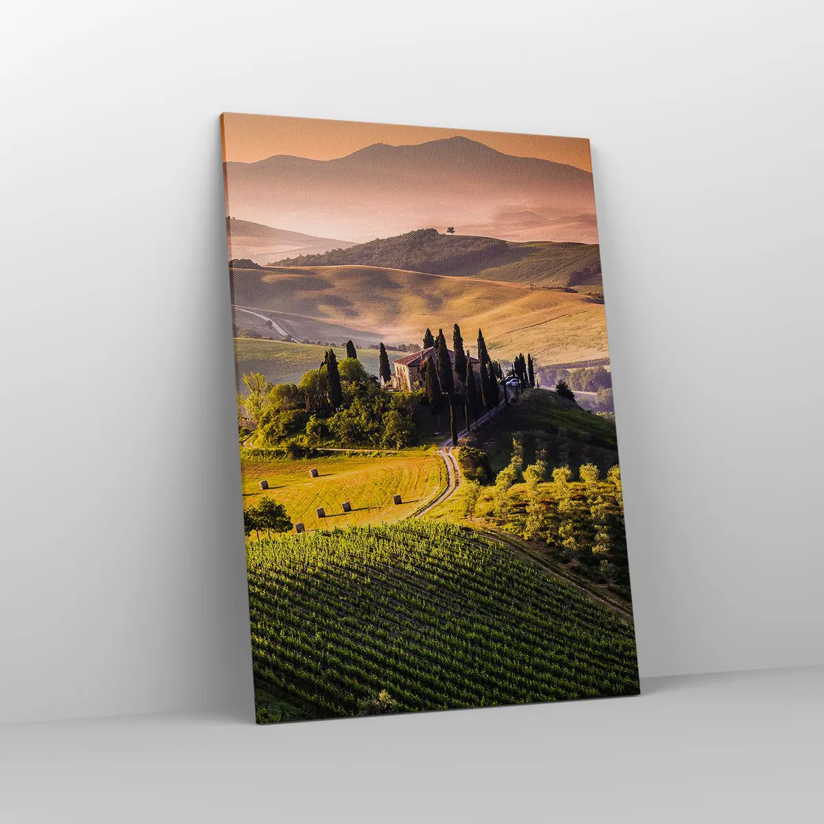 Obraz na płótnie - Toskański krajobraz z winnicami i domem na wzgórzu - 70x100cm - Arkadia - pejzaż toskański - Nowoczesna dekoracja ścienna do salonu i sypialni ARTTOR