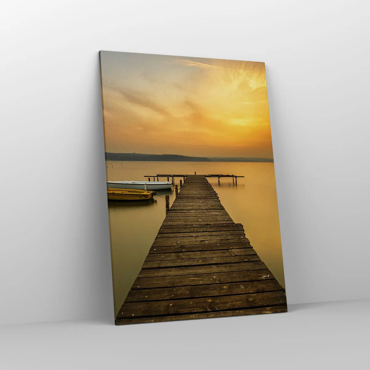 Impression sur toile - Image sur toile - Jetée en bois et bateaux sur le lac au coucher du soleil - 70x100cm - Je t'ouvrirai le ciel d'or - Décoration murale moderne pour le salon et la chambre ARTTOR
