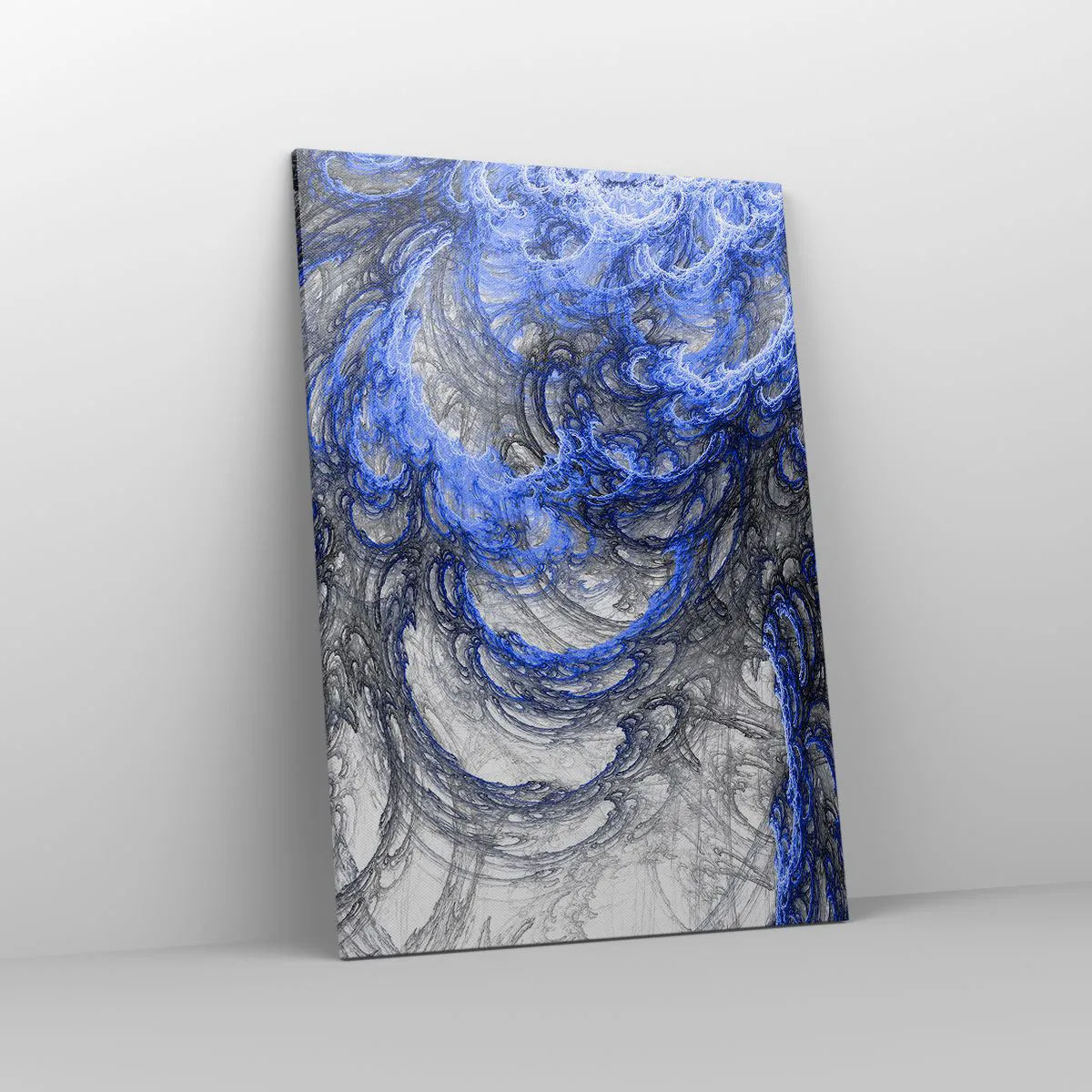 Obraz na płótnie - Abstrakcyjne fale w odcieniach niebieskiego i szarego - 70x100cm - Narodziny fali - Nowoczesna dekoracja ścienna do salonu i sypialni ARTTOR