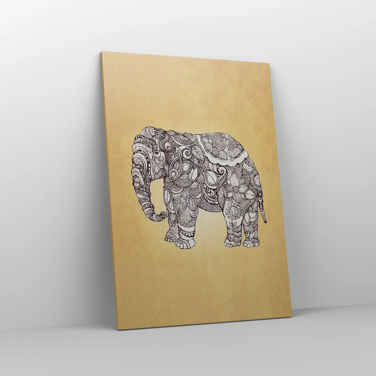 Impression sur toile - Image sur toile - Éléphant dessiné à la main avec un motif orné sur un fond beige - 70x100cm - L'éléphant s'est apprêté - Décoration murale moderne pour le salon et la chambre ARTTOR