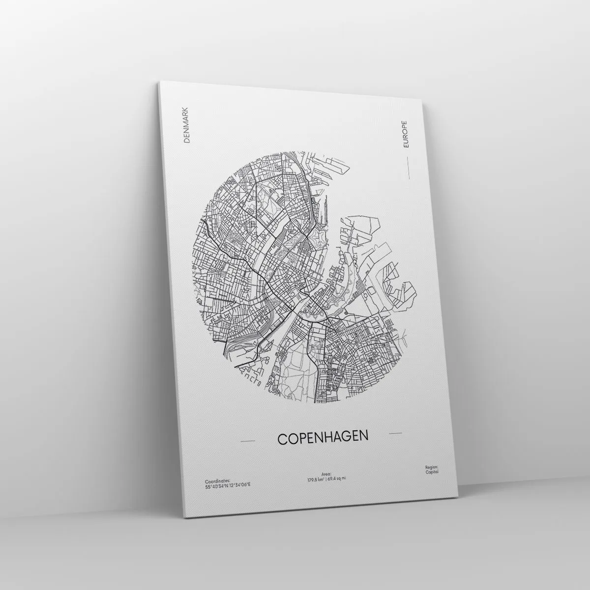 Obraz na płótnie - Mapa Kopenhagi w minimalistycznym, czarno-białym stylu - 70x100cm - Anatomia Kopenhagi - Nowoczesna dekoracja ścienna do salonu i sypialni ARTTOR