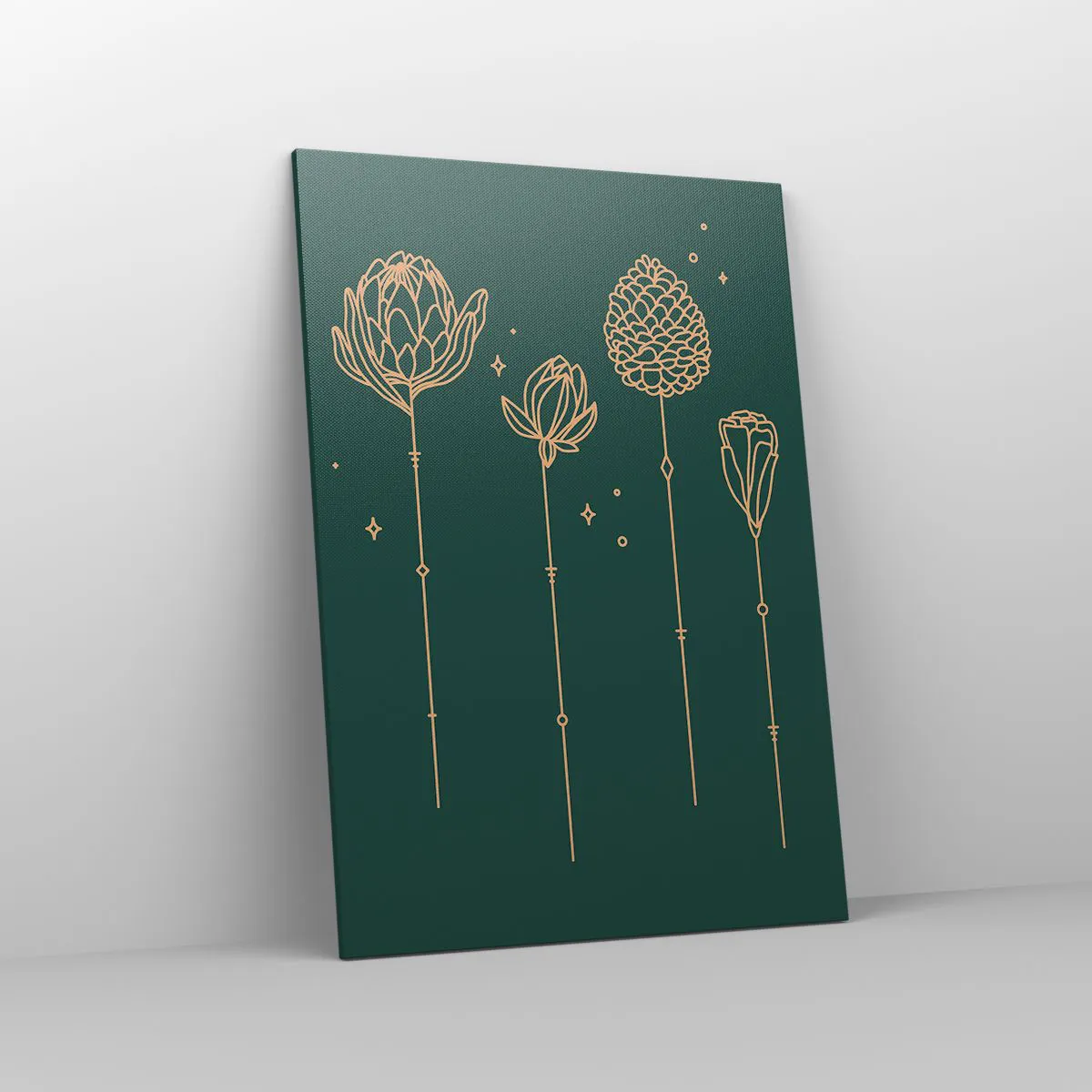 Obraz na płótnie - Złote rysunki ziół na tle ciemnozielonym - 70x100cm - Rodzina ZIÓŁkowskich - Nowoczesna dekoracja ścienna do salonu i sypialni ARTTOR
