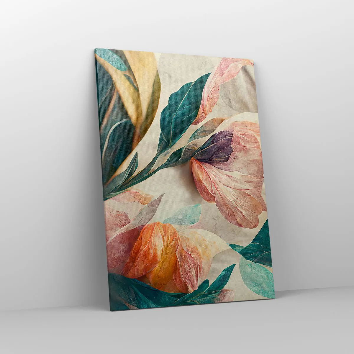 Obraz na płótnie - Kolorowe kwiaty w tropikalnym stylu na jasnym tle - 70x100cm - Kwiaty wysp południowych - Nowoczesna dekoracja ścienna do salonu i sypialni ARTTOR