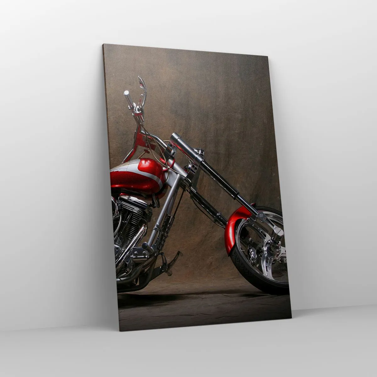 Cuadro sobre lienzo - Impresión de Imagen - Motocicleta roja personalizada sobre un fondo de tela marrón. - 80x120cm - Belleza rojo-plateada - Decoración de pared moderna para salón y dormitorio ARTTOR