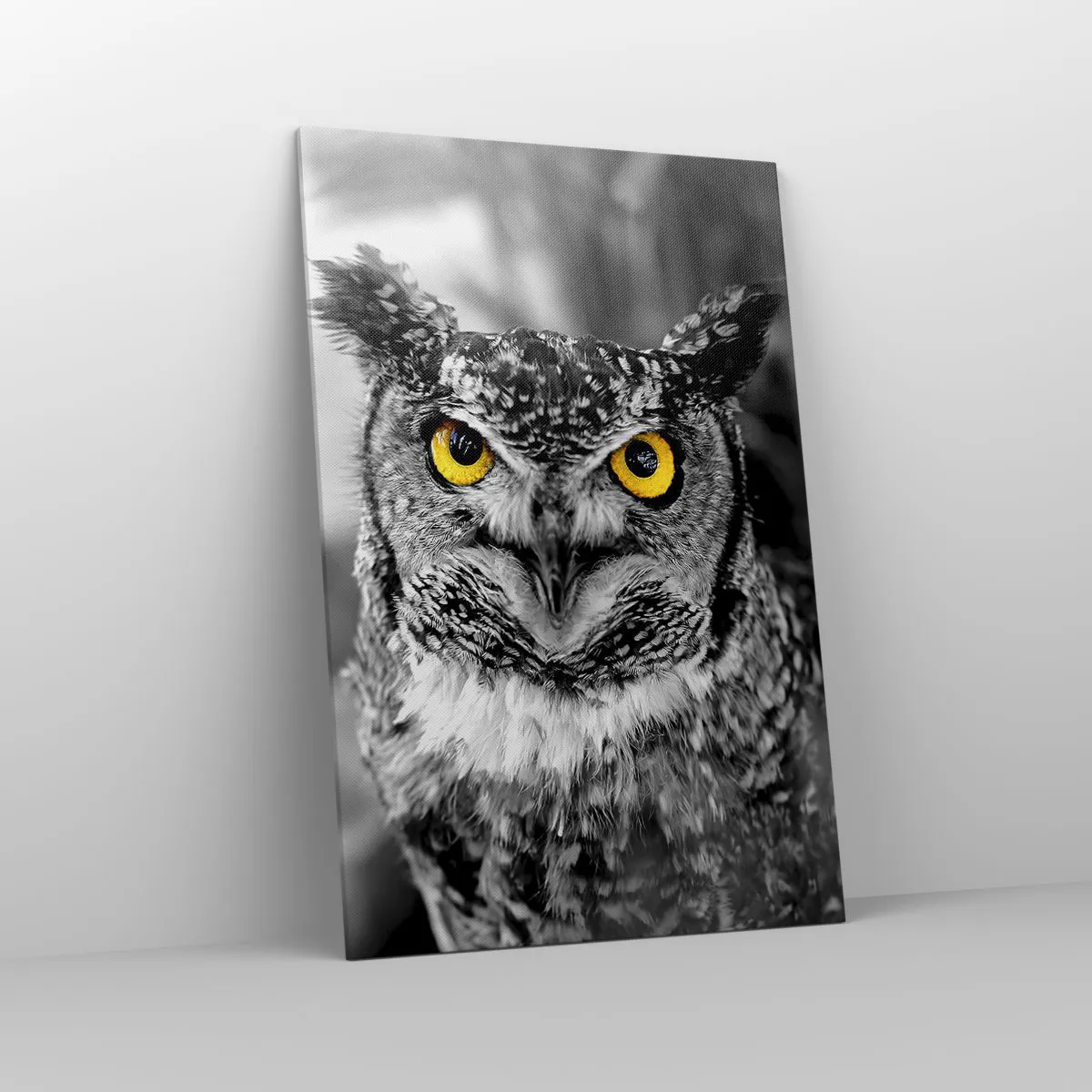 Impression sur toile - Image sur toile - Une photo en noir et blanc d'un hibou aux yeux jaunes - 80x120cm - Rien ne se cachera - Décoration murale moderne pour le salon et la chambre ARTTOR