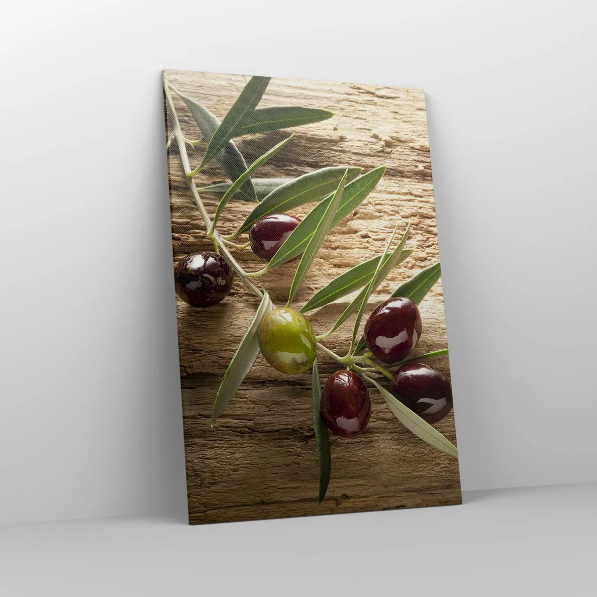 Impression sur toile - Image sur toile - Branche d'olivier avec des fruits sur un fond de bois vieilli - 80x120cm - Directement de la nature - Décoration murale moderne pour le salon et la chambre ARTTOR