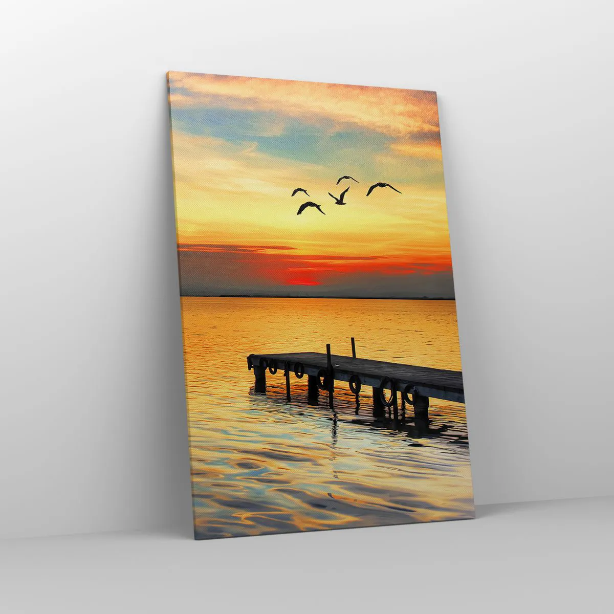 Quadro su tela - Stampe su Tela - Tramonto con barca a vela e molo su un lago calmo - 80x120cm - Il ritorno alla sera - Decorazione murale moderna per soggiorno e camera da letto ARTTOR