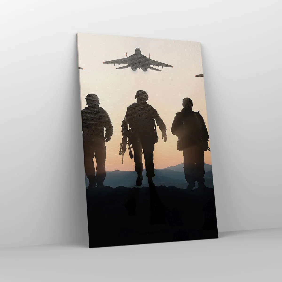 Bild auf Leinwand - Leinwandbild - Silhouetten von Soldaten und Kampfjets vor dem Hintergrund des Sonnenuntergangs - 80x120cm - Willkommen in unserer Welt - Moderne Wanddekoration für Wohnzimmer und Schlafzimmer ARTTOR