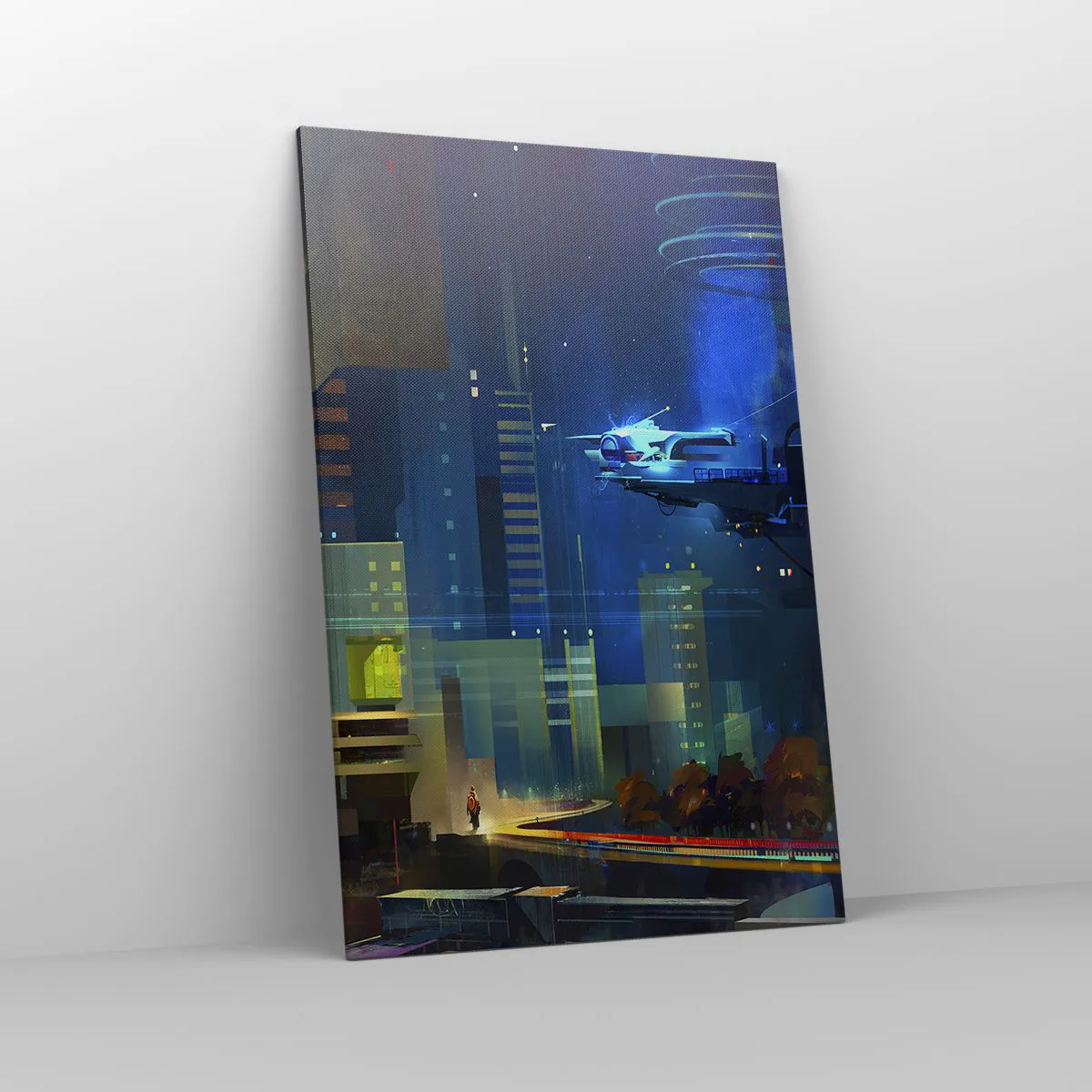 Quadro su tela - Stampe su Tela - Città futuristica di notte con luci al neon e un veicolo volante - 80x120cm - In un futuro non lontano - Decorazione murale moderna per soggiorno e camera da letto ARTTOR