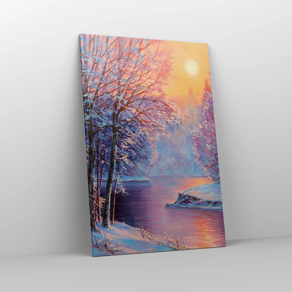 Obraz na płótnie - Zimowy krajobraz z rzeką i drzewami o wschodzie słońca - 80x120cm - Barwy zimy - Nowoczesna dekoracja ścienna do salonu i sypialni ARTTOR