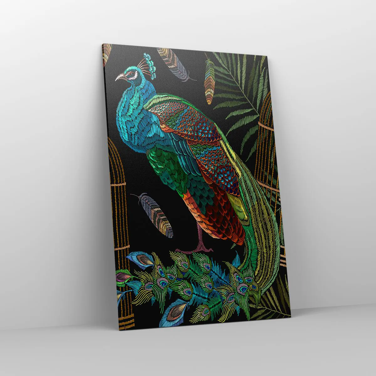 Cuadro sobre lienzo - Impresión de Imagen - Pavos reales junto a una jaula dorada sobre un fondo negro - 80x120cm - Con plumajes reales - Decoración de pared moderna para salón y dormitorio ARTTOR