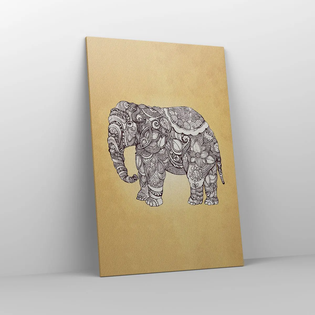 Impression sur toile - Image sur toile - Éléphant dessiné à la main avec un motif orné sur un fond beige - 80x120cm - L'éléphant s'est apprêté - Décoration murale moderne pour le salon et la chambre ARTTOR