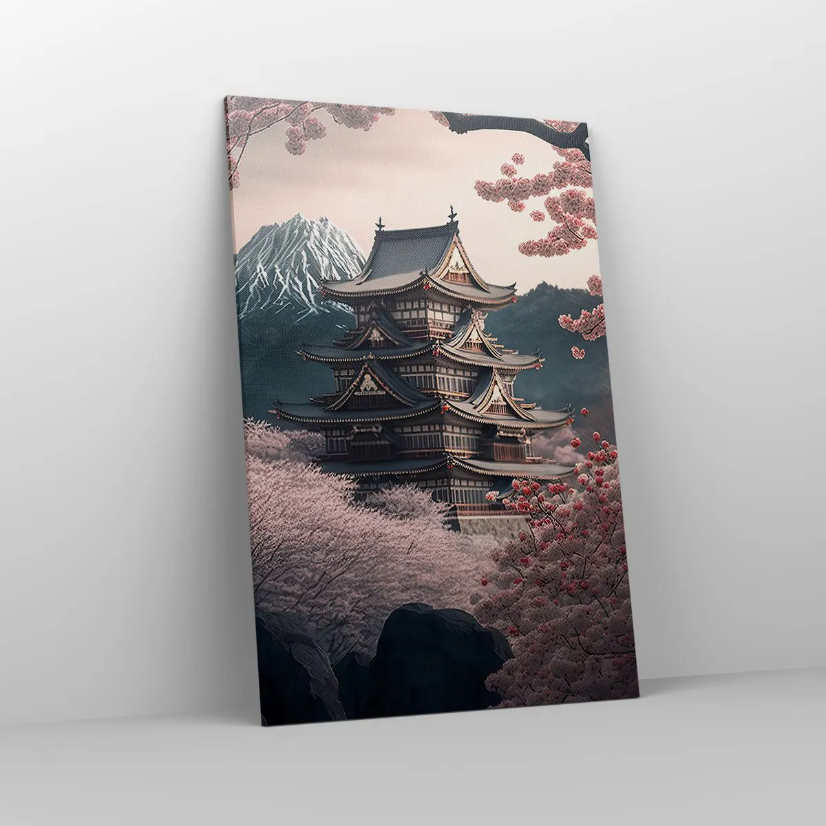 Obraz na płótnie - Japońska świątynia otoczona kwitnącymi wiśniami i górami - 80x120cm - Kraj kwitnącej wiśni - Nowoczesna dekoracja ścienna do salonu i sypialni ARTTOR