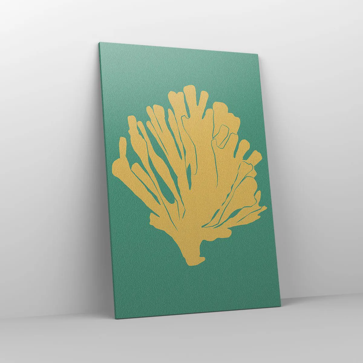 Obraz na płótnie - Minimalistyczna ilustracja koralowca w odcieniach złota na zielonym tle - 80x120cm - Krzak podwodnego lasu - Nowoczesna dekoracja ścienna do salonu i sypialni ARTTOR