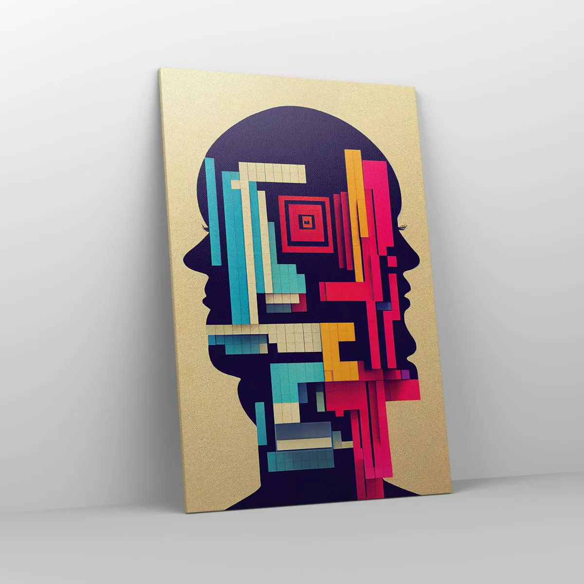 Obraz na płótnie - Abstrakcyjna ilustracja dwóch ludzkich sylwetek w geometrycznym stylu - 80x120cm - Nowe więzi - Nowoczesna dekoracja ścienna do salonu i sypialni ARTTOR