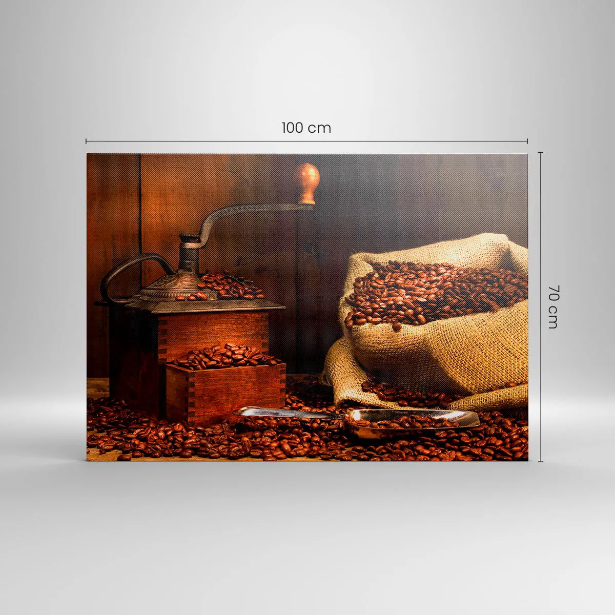 Quadro em tela - Natureza morta com grãos de café e moedor - 100x70 cm