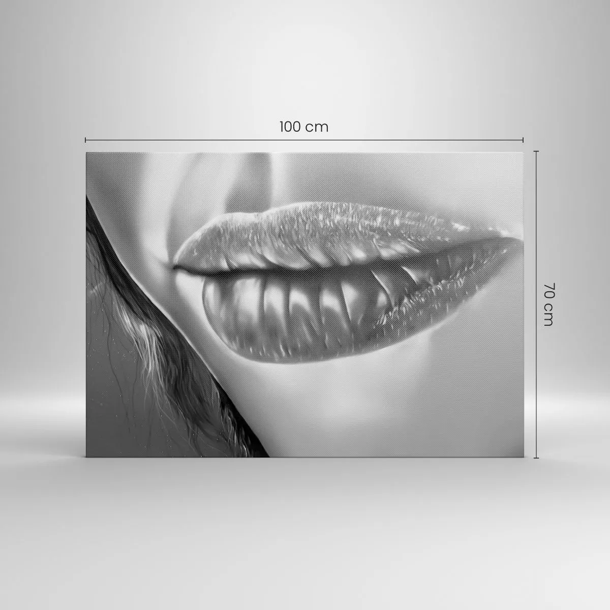 Cuadro sobre lienzo - Impresión de Imagen - Primer plano en blanco y negro de los labios de una mujer con efecto brillante y detalles. - 100x70cm - Sé lo que estás pensando... - Decoración de pared moderna para salón y dormitorio ARTTOR