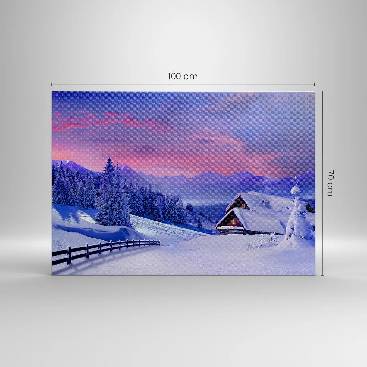 Obraz na płótnie - Zimowy krajobraz z domkami w górach o zachodzie słońca - 100x70cm - Cicha noc - Nowoczesna dekoracja ścienna do salonu, kuchni i sypialni ARTTOR