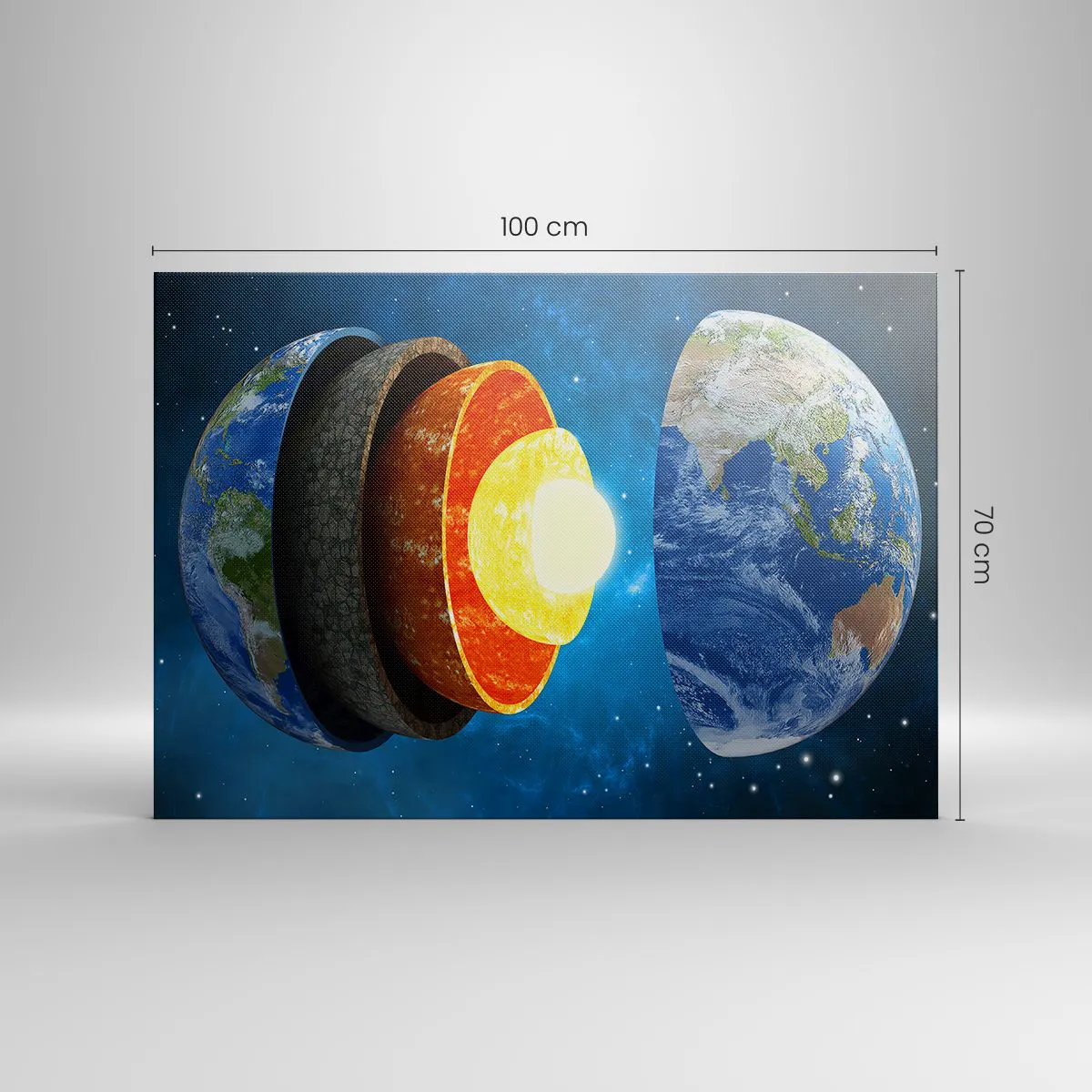 Obraz na płótnie - Przekrój Ziemi ukazujący jej warstwy w przestrzeni kosmicznej - 100x70cm - Wyprawa do wnętrz Ziemi - Nowoczesna dekoracja ścienna do salonu, kuchni i sypialni ARTTOR
