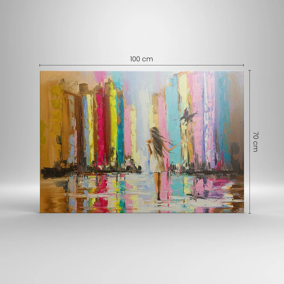 Obraz na płótnie - Kolorowe miasto i kobieta w białej sukni z ptakiem - 100x70cm - Idż za mną - Nowoczesna dekoracja ścienna do salonu, kuchni i sypialni ARTTOR