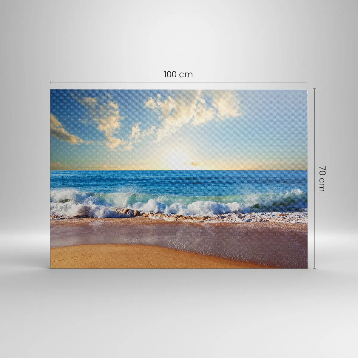Quadro su tela - Stampe su Tela - Una spiaggia soleggiata con onde che si infrangono sulla riva - 100x70cm - Insieme movimento e immobilità - Decorazione murale moderna per soggiorno e camera da letto ARTTOR