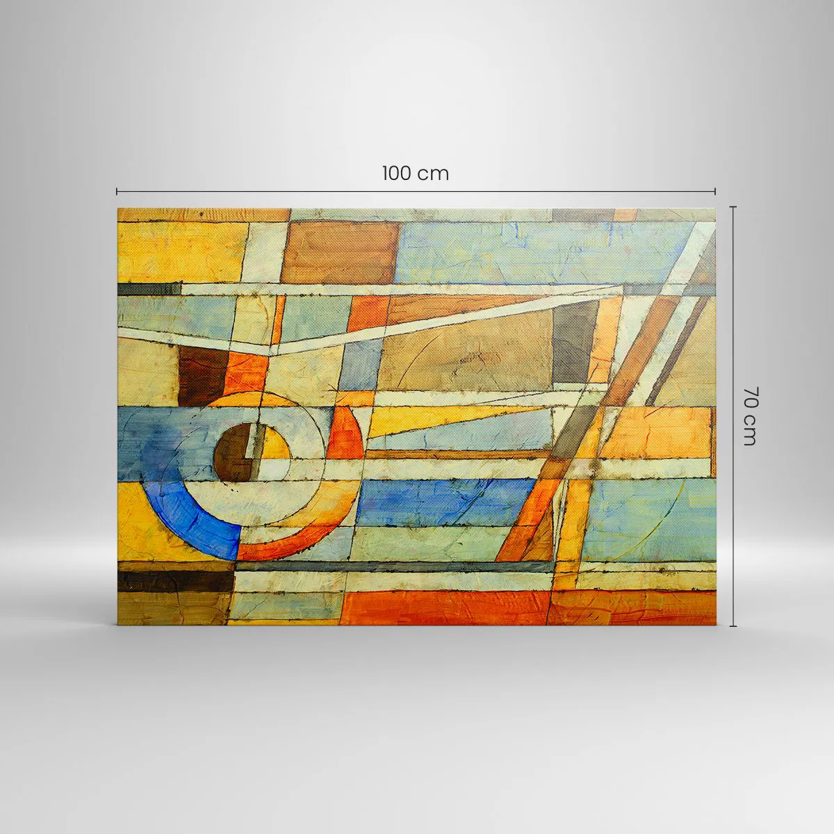 Obraz na płótnie - Geometryczna abstrakcja w odcieniach beżu, błękitu i pomarańczy - 100x70cm - Kubizm na budowie - Nowoczesna dekoracja ścienna do salonu, kuchni i sypialni ARTTOR