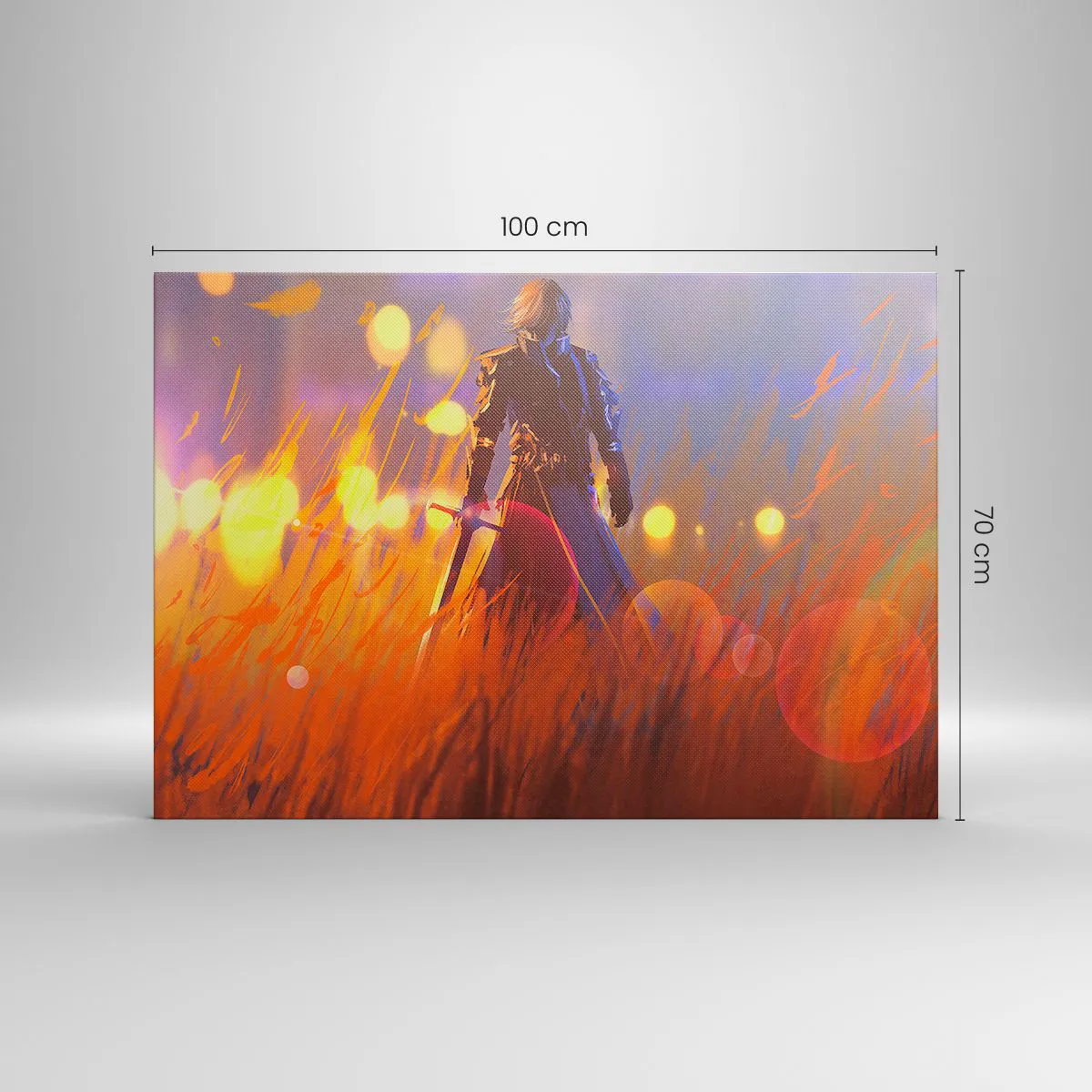 Impression sur toile - Image sur toile - La figure d'un chevalier à la lumière du soleil couchant dans un champ - 100x70cm - Chevalier errant - Décoration murale moderne pour le salon et la chambre ARTTOR