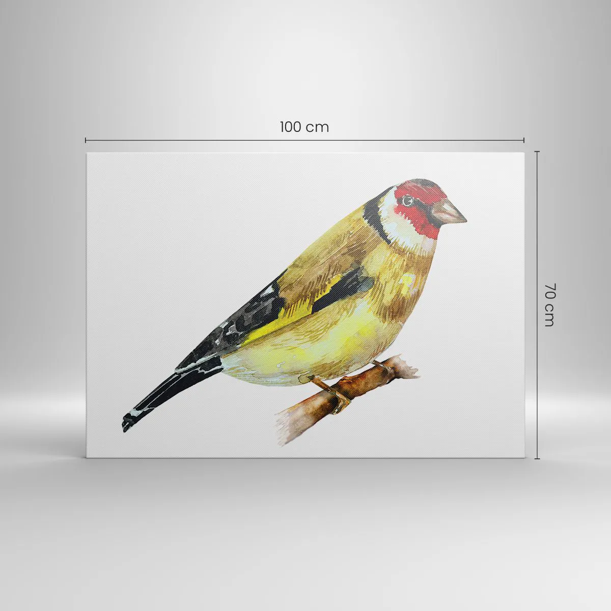 Obraz na płótnie - Ptak z czerwonym łebkiem na gałęzi - 100x70cm - Ptasi portret - Nowoczesna dekoracja ścienna do salonu, kuchni i sypialni ARTTOR