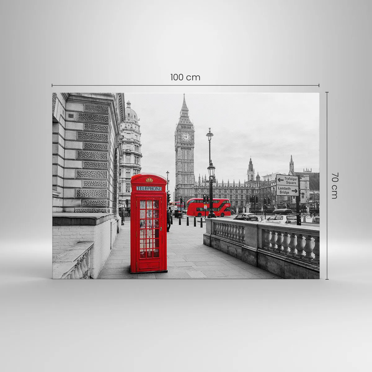 Bild auf Leinwand - Leinwandbild - Eine rote Telefonzelle mit Big Ben im Hintergrund in London - 100x70cm - London, ohne Zweifel - Moderne Wanddekoration für Wohnzimmer und Schlafzimmer ARTTOR