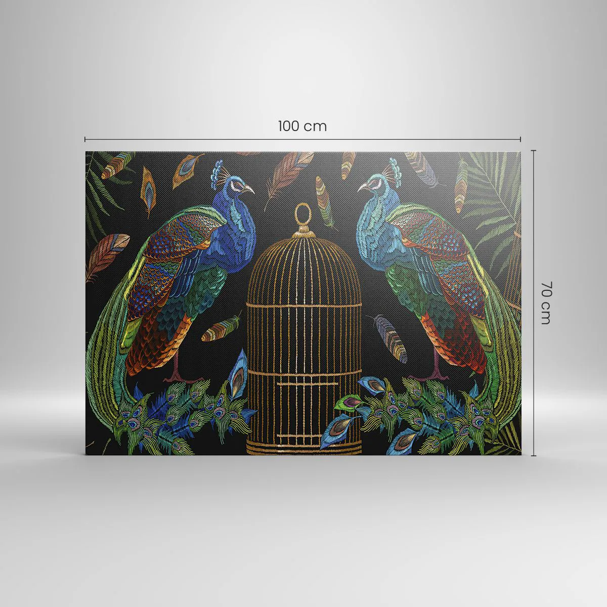 Impression sur toile - Image sur toile - Paons à côté d'une cage dorée sur fond noir - 100x70cm - En robes royales - Décoration murale moderne pour le salon et la chambre ARTTOR