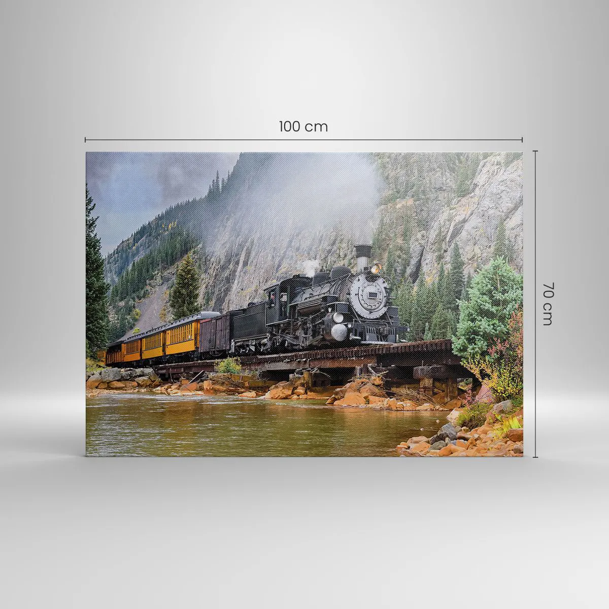Obraz na płótnie - Parowóz na moście w malowniczym górskim krajobrazie - 100x70cm - A dokąd to? Dokąd? - Nowoczesna dekoracja ścienna do salonu, kuchni i sypialni ARTTOR