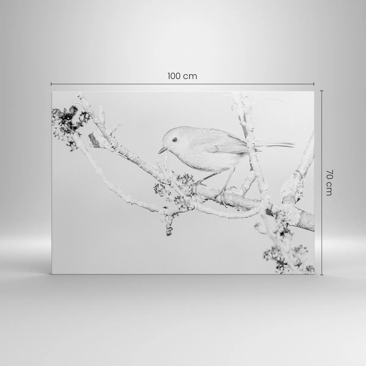 Impression sur toile - Image sur toile - Oiseau sur une branche en noir et blanc avec un style minimaliste - 100x70cm - Matin d'hiver - Décoration murale moderne pour le salon et la chambre ARTTOR