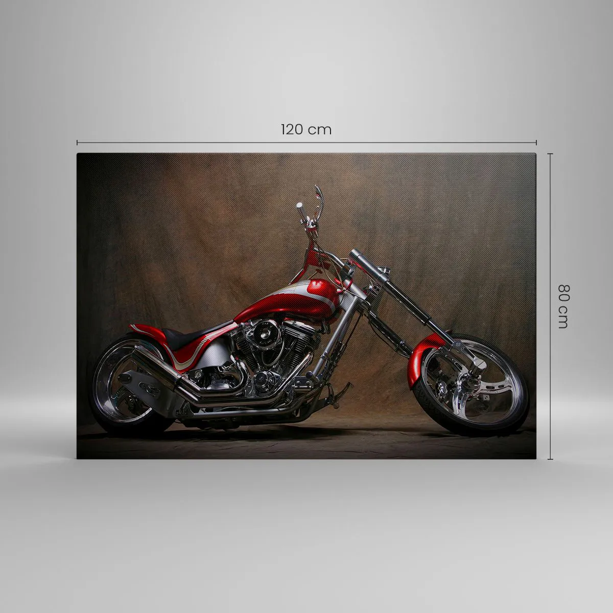 Cuadro sobre lienzo - Impresión de Imagen - Motocicleta roja personalizada sobre un fondo de tela marrón. - 120x80cm - Belleza rojo-plateada - Decoración de pared moderna para salón y dormitorio ARTTOR
