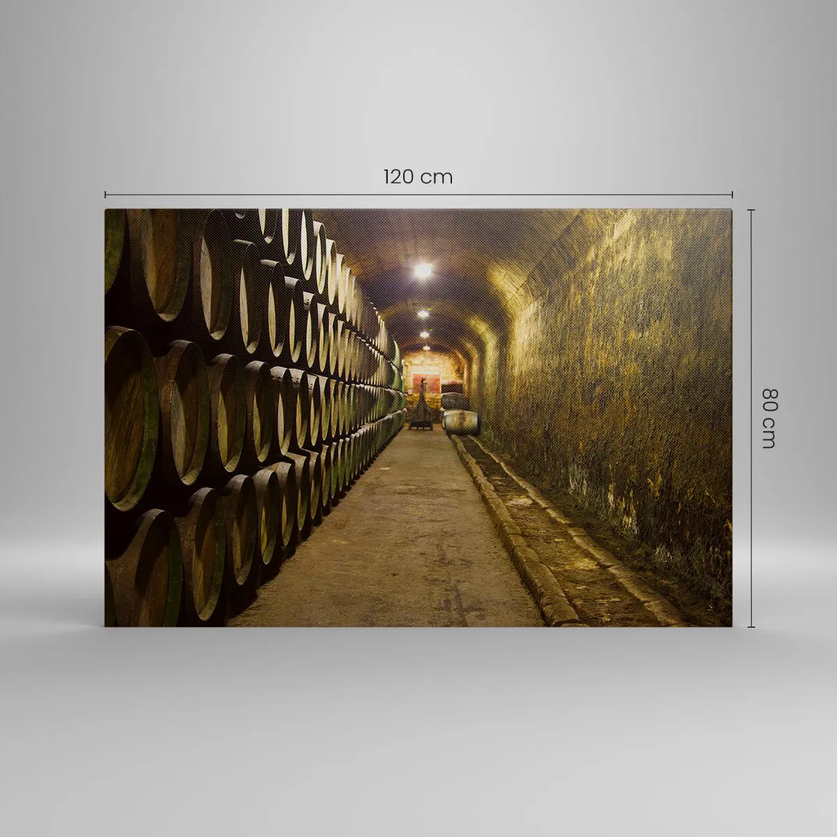 Obraz na płótnie - Piwnica z drewnianymi beczkami na wino ułożonymi w rzędach - 120x80cm - Dobrze jest poleżeć sobie - Nowoczesna dekoracja ścienna do salonu, kuchni i sypialni ARTTOR