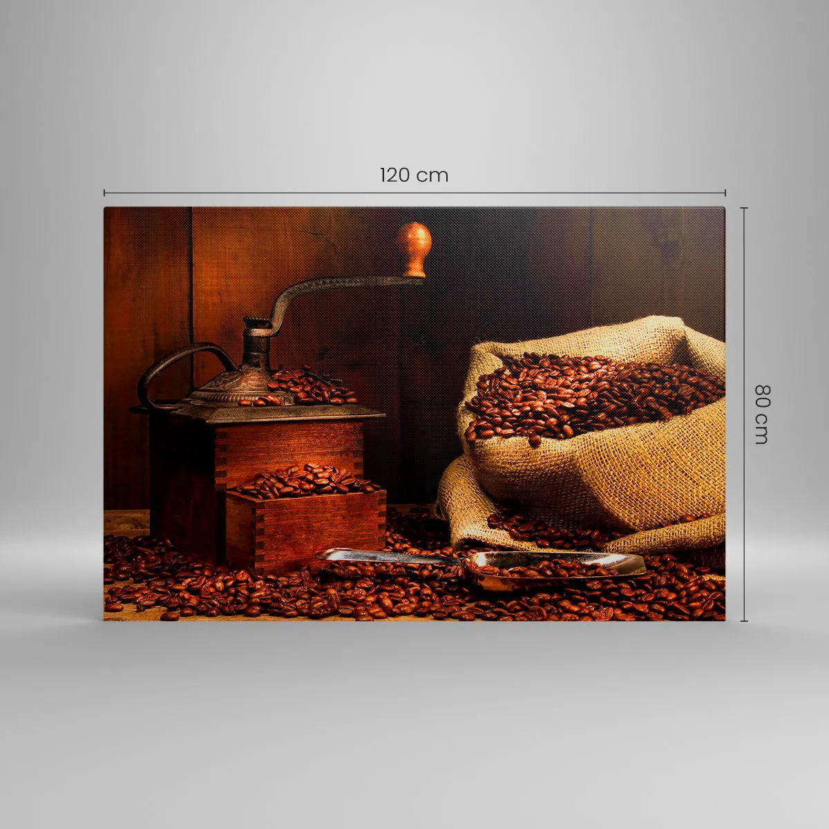 Quadro em tela - Natureza morta com grãos de café e moedor - 120x80 cm